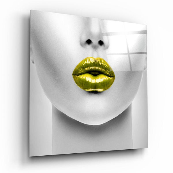 Emerald and gold Lips | Glass wall art